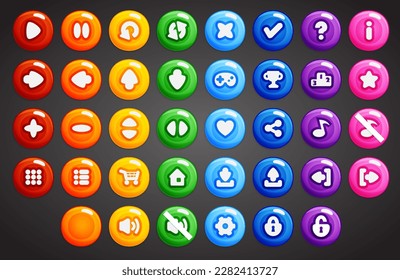 Set of round buttons. 2d asset for user interface GUI in mobile application or casual video game.