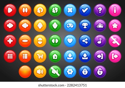 Set of round buttons. 2d asset for user interface GUI in mobile application or casual video game.