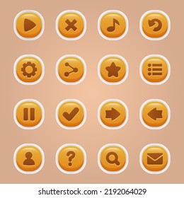 Set Of Round Buttons In Cartoon Style. Pack Of Game Button Templates Design. 2d Asset For User Interfaces GUI In Mobile Application Or Casual Video Game. Isolated On Separate Layers.