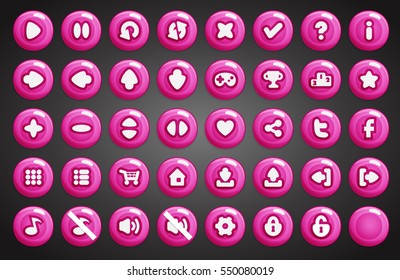 Set of round buttons in cartoon style. 2d asset for user interface GUI in mobile application or casual video game.