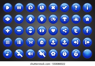 Set of round buttons in cartoon style. 2d asset for user interface GUI in mobile application or casual video game.