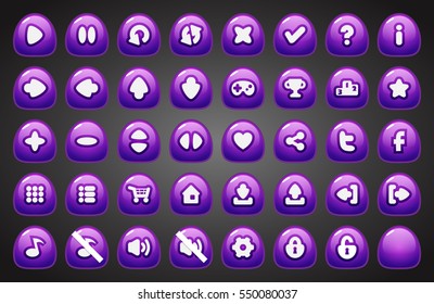 Set of round buttons in cartoon style. 2d asset for user interface GUI in mobile application or casual video game.