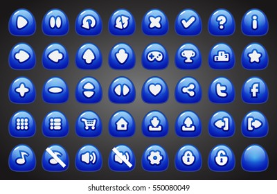 Set of round buttons in cartoon style. 2d asset for user interface GUI in mobile application or casual video game.