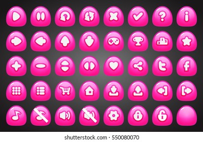 Set of round buttons in cartoon style. 2d asset for user interface GUI in mobile application or casual video game.