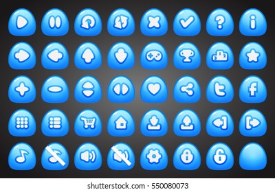 Set of round buttons in cartoon style. 2d asset for user interface GUI in mobile application or casual video game.