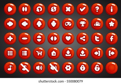Set of round buttons in cartoon style. 2d asset for user interface GUI in mobile application or casual video game.