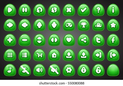 Set of round buttons in cartoon style. 2d asset for user interface GUI in mobile application or casual video game.