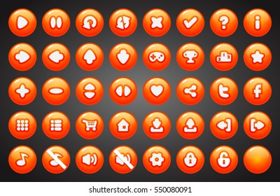 Set of round buttons in cartoon style. 2d asset for user interface GUI in mobile application or casual video game.