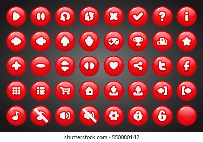 Set of round buttons in cartoon style. 2d asset for user interface GUI in mobile application or casual video game.
