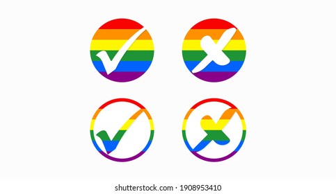 Set of round buttons with check marks and crosses in LGBT colors. Crosses and check marks, positive and negative, yes and no, acceptance and rejection. Vector illustration 