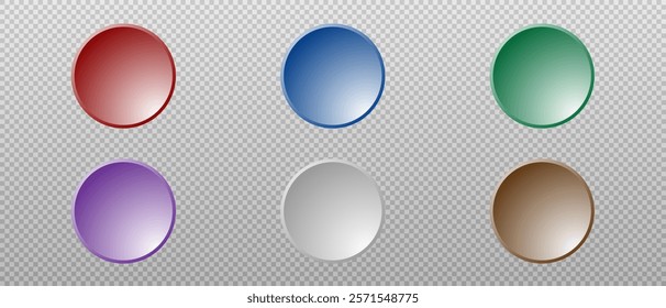 Set of round buttons in different colors (red, blue, green, purple, gray, brown) on transparent background.  Suitable for web design, icons or interface elements. Vector illustration.