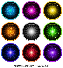 Set of round buttons with fireworks of various bright colors on black background, element for holiday web design. Eps10, contains transparencies. Vector