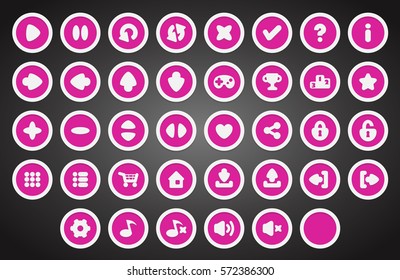 Set of round buttons in flat style. 2d asset for user interface GUI in mobile application or casual video game.