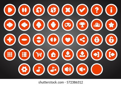 Set of round buttons in flat style. 2d asset for user interface GUI in mobile application or casual video game.