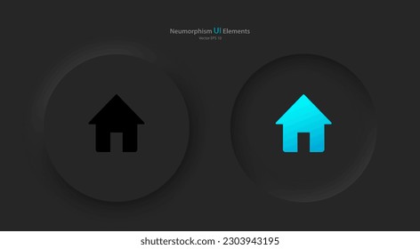 Un conjunto de botones redondos con símbolos caseros grises y azules. Elementos de interfaz de usuario para dispositivos móviles en el estilo de neumorfismo, UI, UX. Ilustración vectorial.
