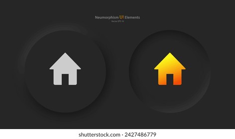 A set of round buttons with gray and yellow home symbols. User interface elements for mobile devices in the style of neumorphism, UI, UX. Vector illustration.