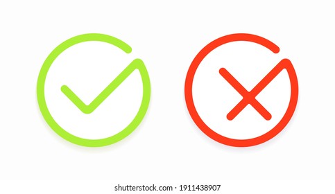 Set of round buttons ok and no, check marks and crosses isolated on a light background. Green check mark of approval and red cross of denial. Vector illustration  