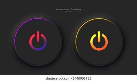 Eine Reihe runder Tasten mit dem Stromsymbol in Schwarz. Benutzeroberflächenelemente für mobile Geräte im Stil von Neumorphismus, UI, UX. Vektor EPS 10.