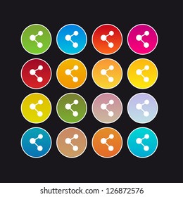 set of round buttons with share sign on black background