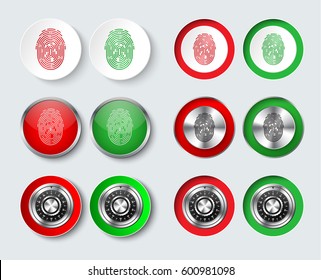 set of round buttons for web design or applications. Templates of white, red and green color with a fingerprint and a mechanical combination lock for information protection.