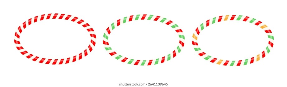 Set round candy frames, Candy cane  set decorations, frame, round ring frame, red white straight lines, realistic, collection New Year Holiday elements. Xmas Striped candy ca