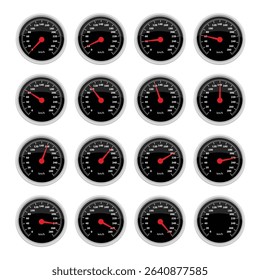 Set of a round car dashboard speedometers. Speedometer needle points from 0 km h to 280 km h. Car panel display. Isolated on white background. Vector illustration