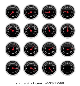 Set of a round car dashboard speedometers. Speedometer needle points from 0 mph to 280 mph. Car panel display. Isolated on white background. Vector illustration