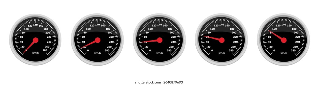 Set of a round car dashboard speedometers. Speedometer needle points from 0 km h to 80 km h. Car panel display. Isolated on white background. Vector illustration