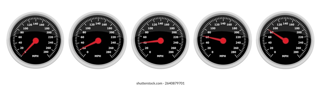 Set of a round car dashboard speedometers. Speedometer needle points from 0 mph to 80 mph. Car panel display. Isolated on white background. Vector illustration