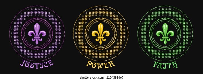 Set of round carnival Mardi Gras tradionally colored patterns meaning Power, Faith, Justice. Beads, fleur de lis symbol, text. Halftone style. For prints, clothing, apparel, t shirt, surface design