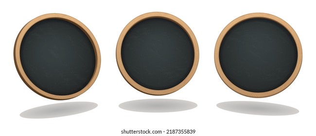 A set of round chalkboards from different angles. Realistic wooden frame, traces of chalk on the board. Bar signage for drinks, cocktails, dish of the day. Realistic street sign. Eps10 vector