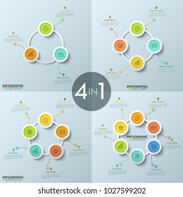 Set of round charts with circular element arranged into ring and connected, thin line icons and text boxes. Concept of financial cyclic process. Infographic design template. Vector illustration