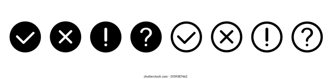 Conjunto de marcas de verificación redondas, punto de exclamación, iconos de marcas X, botones en estilo de línea