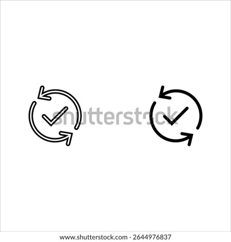 Set round checking process sync approved icon, simple turning arrows syncing flat design pictogram vector for app logo ads web webpage button ui ux interface elements isolated on white background