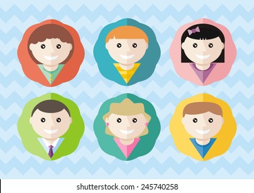 Set of round children avatars of different boys and girls on stylish backround. Flat icon modern design style concept