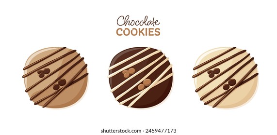 Set of round chocolate cookies with strips. Sweet dessert