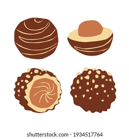 A set of round chocolates. Two whole and two halves. Some are decorated with a striped pattern, others are sprinkled with walnut shavings. Vector illustration.