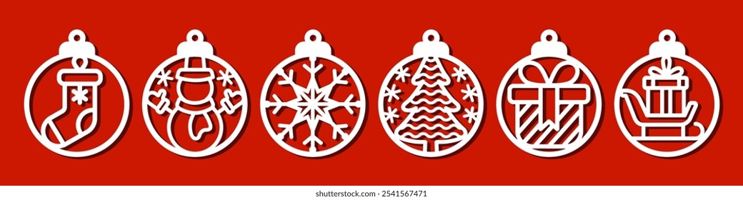 Set of round Christmas ball designs, pendant or keychain. Winter holidays ornaments. Jewelry laser cut template. Cnc cutting with metal, wood or leather. New Years decorative vector circle elements