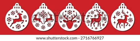 Set of round Christmas ball designs with reindeers. Winter holidays pendant or keychain silhouette. Laser cut with metal, wood or leather. New Years decorative vector circle hanging elements
