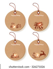 Set of round christmas paper tags with hand-drawn elements. Vector illustration