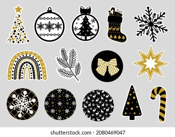 Set round Christmas stickers black and gold vector illustration