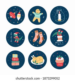 Set of round Christmas stickers. Christmas labels and stickers for decorating gifts for the winter holidays. Labels xmas. Vector illustration