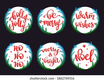 Set of round Christmas tags with festive lettering and spruce branches. Christmas labels and stickers for decorating for winter holidays