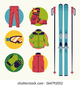 Set of round circle flat design web icons on skiing gear, sport and recreation items including ski boot, goggles, pants, jacket, safety helmet, gloves, skis with bindings and poles