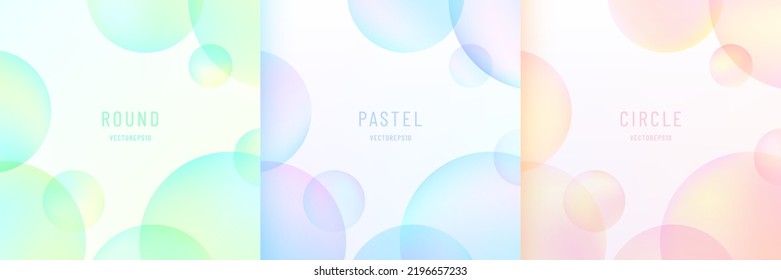 Set of round circle overlap layers pattern bubble design in blue hologram, yellow pink, soft green color. Polka dots pastel color pattern on white background with copy space.  Vector illustration.