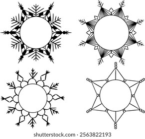 Conjunto de marcos redondos del copo de nieve del círculo, círculos circulares del Vector de la línea gráfica, Elementos aislados del invierno del Diseño gráfico
