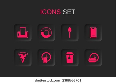 Set Round the clock delivery, Donut, Food ordering mobile, Cup of tea, Spoon and Slice pizza icon. Vector