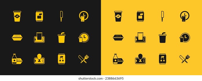 Ponga a su disposición la entrega en horario fijo, pedido de comida en el móvil, vidrio de papel con agua, lata de refrescos, Cuchillo, taza de café para ir e icono. Vector