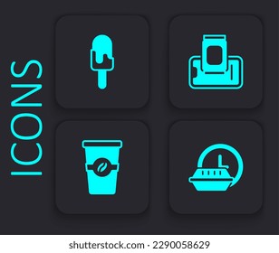 Set Round the clock delivery, Ice cream, Food ordering on mobile and Coffee cup to go icon. Black square button. Vector