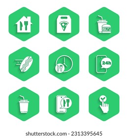 Set Round the clock delivery, Online ordering and, Food, Paper glass with water, hotdog, burger and  icon. Vector